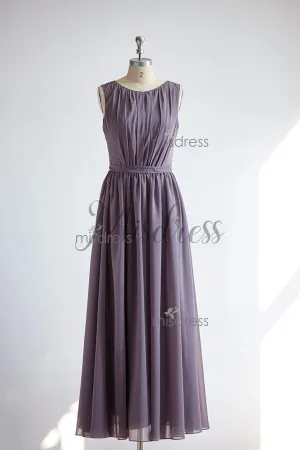 V Back Gray Chiffon Sleeveless Long Wedding Bridesmaid Dress