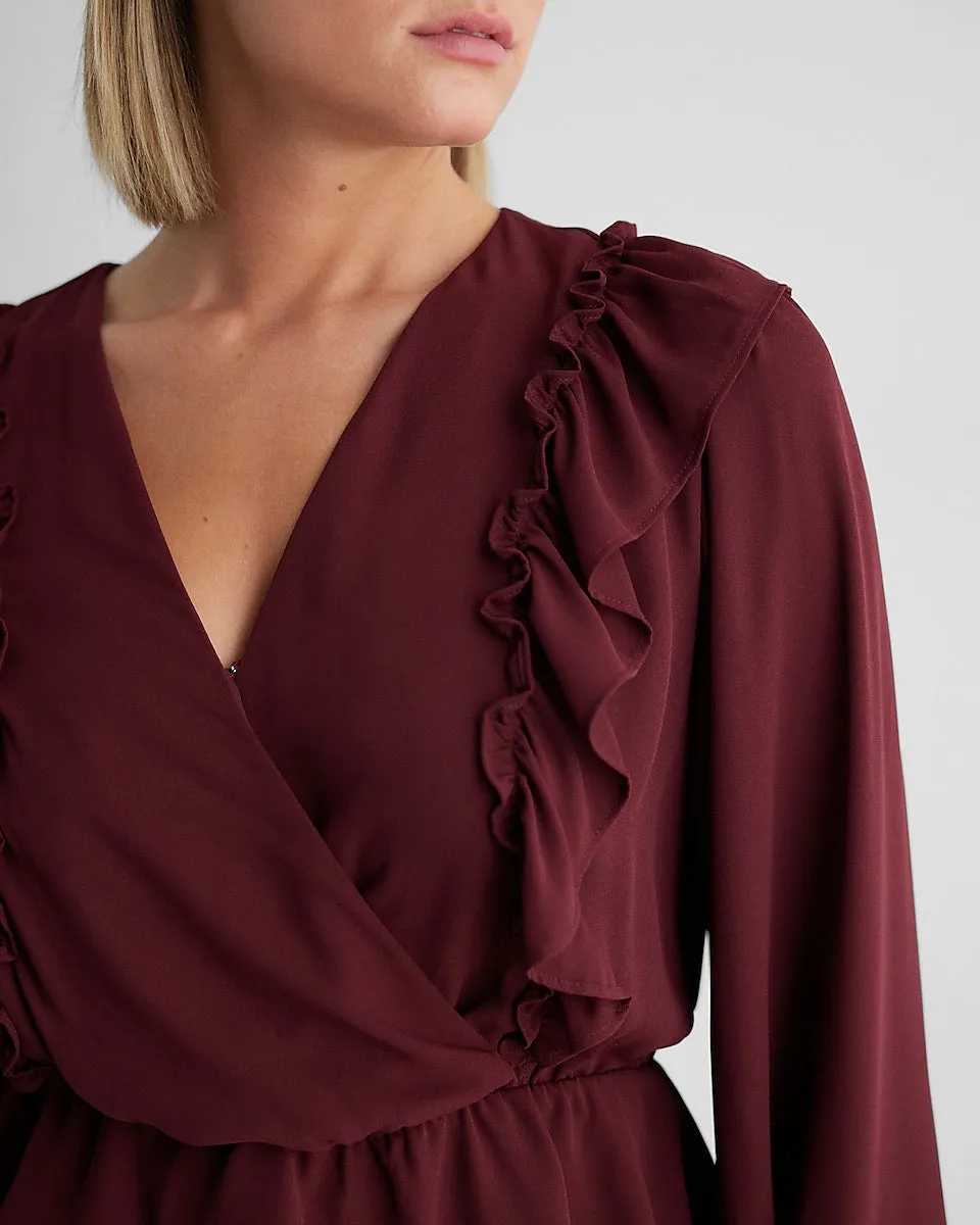 V-Neck Faux Wrap Flutter Ruffle Peplum Top in Wine