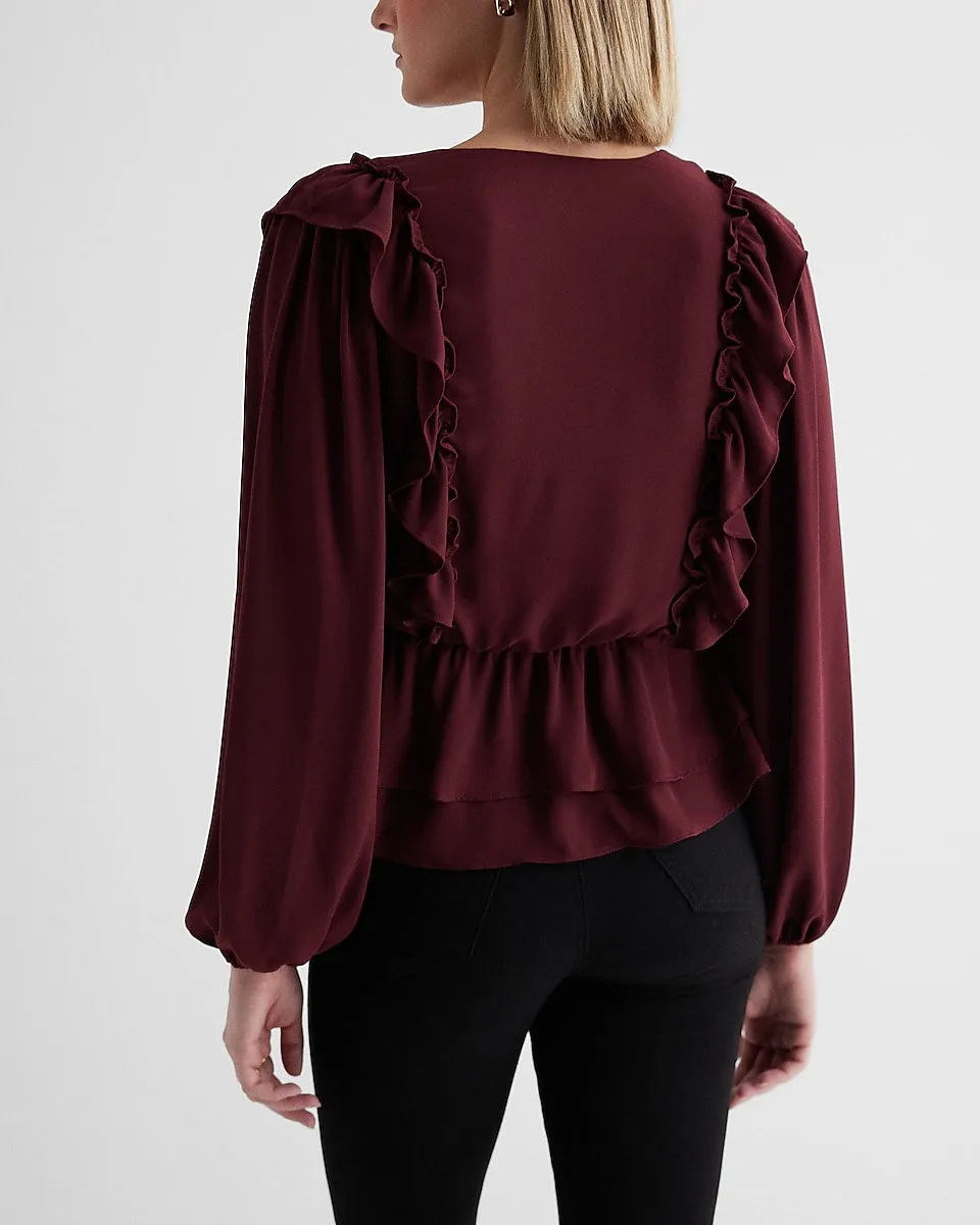V-Neck Faux Wrap Flutter Ruffle Peplum Top in Wine