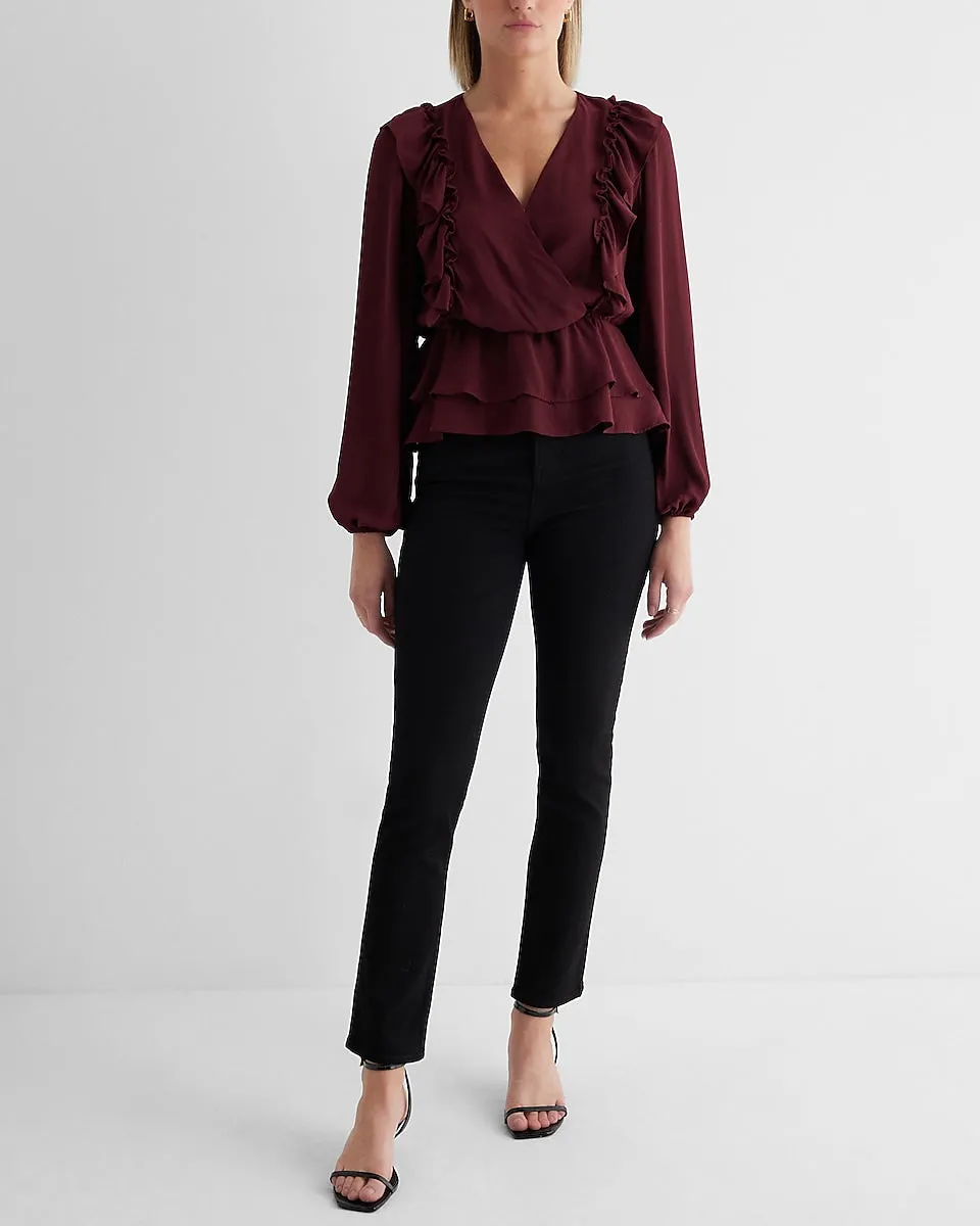 V-Neck Faux Wrap Flutter Ruffle Peplum Top in Wine