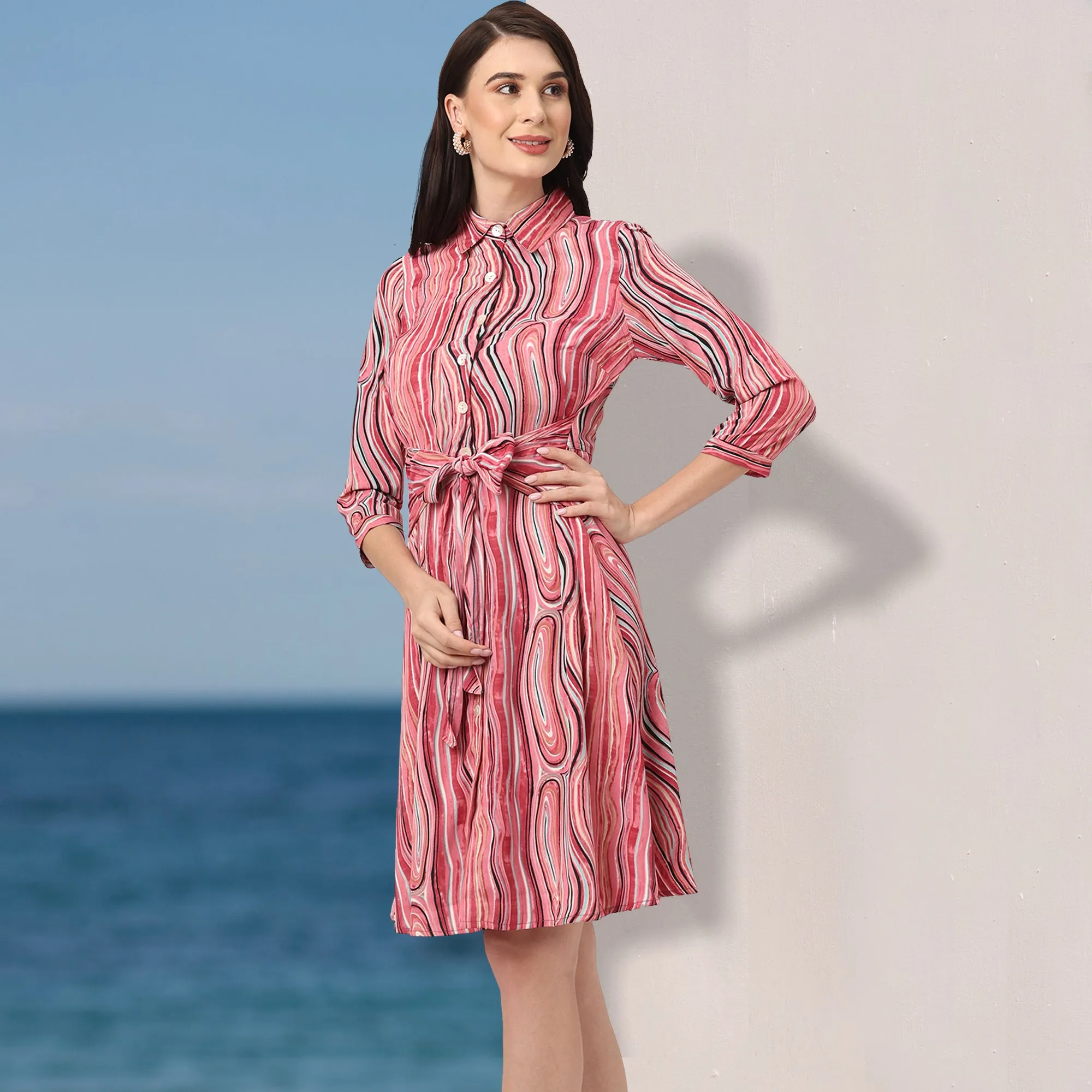 Vibrant and Stylish Red Abstract Printed Women’s Shirt Dress