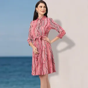 Vibrant and Stylish Red Abstract Printed Women’s Shirt Dress