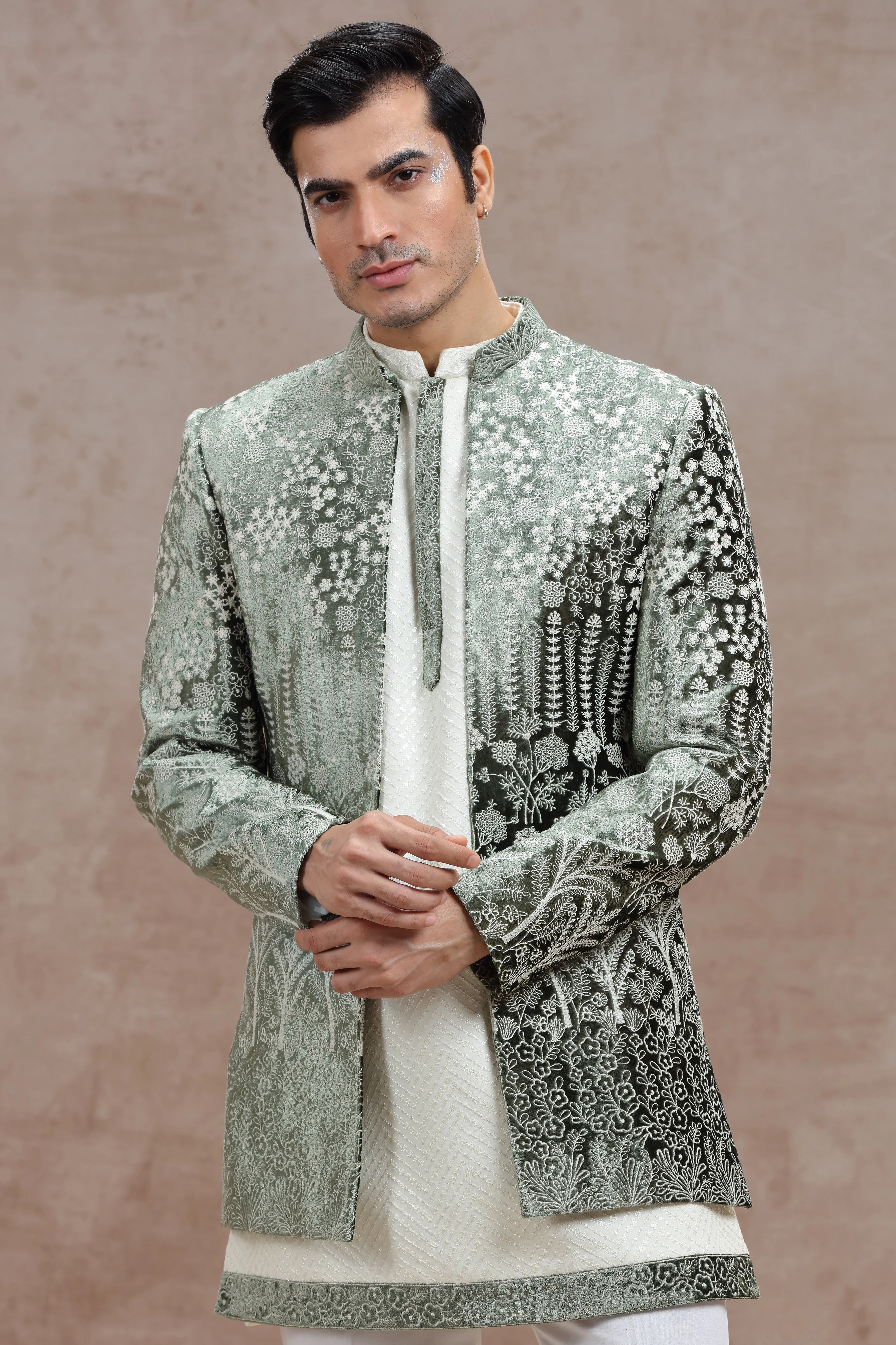 White & Olive Green Indo Western with Thread Work