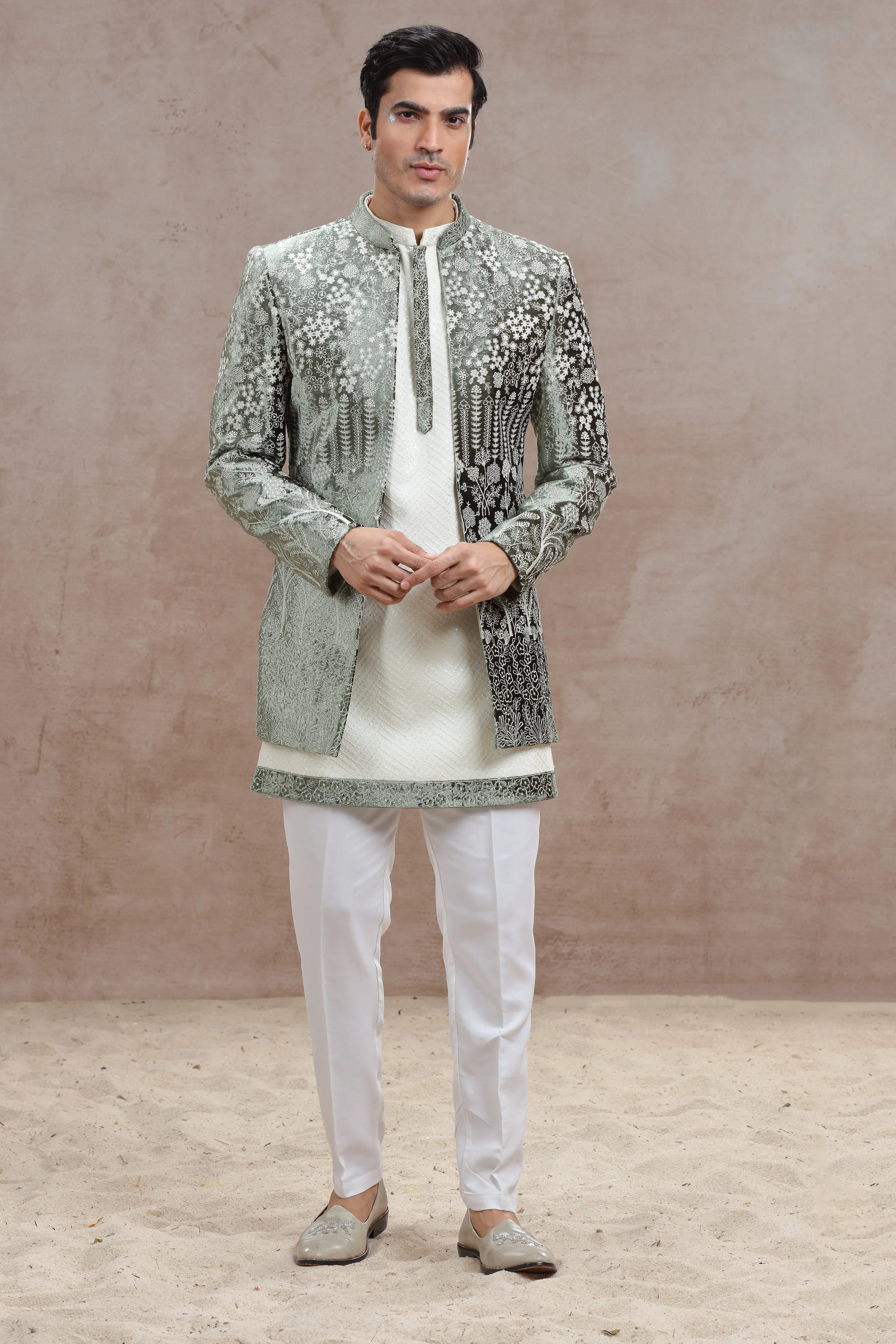 White & Olive Green Indo Western with Thread Work
