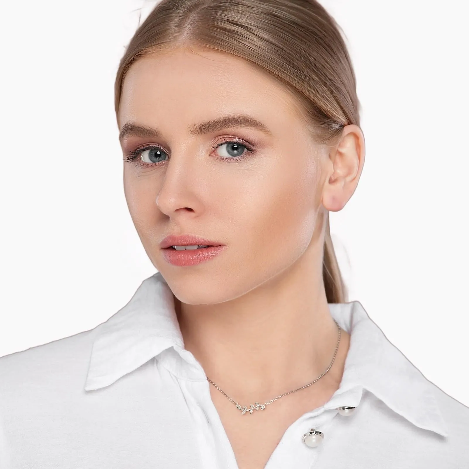 White Gold Shinning Olive Leaf Pendant Necklace