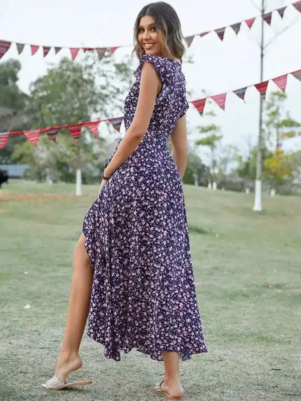 Women’s Floral Print Flutter Sleeve Wrap Maxi Dress