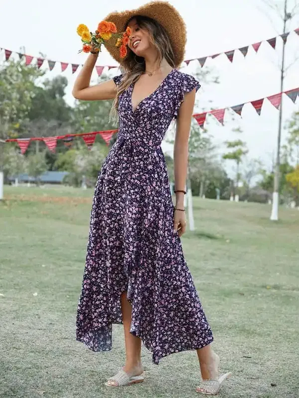 Women’s Floral Print Flutter Sleeve Wrap Maxi Dress