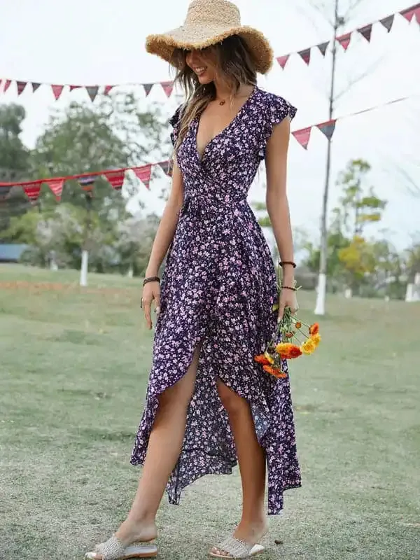 Women’s Floral Print Flutter Sleeve Wrap Maxi Dress