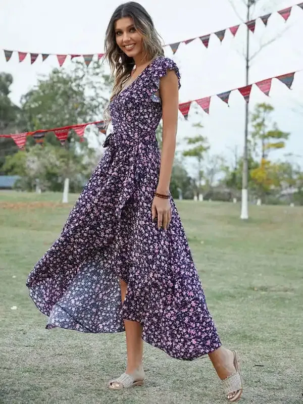 Women’s Floral Print Flutter Sleeve Wrap Maxi Dress