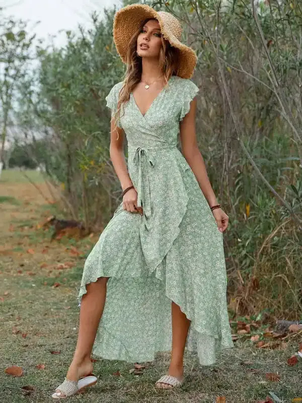 Women’s Floral Print Flutter Sleeve Wrap Maxi Dress