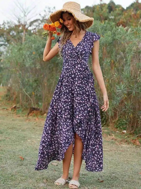 Women’s Floral Print Flutter Sleeve Wrap Maxi Dress