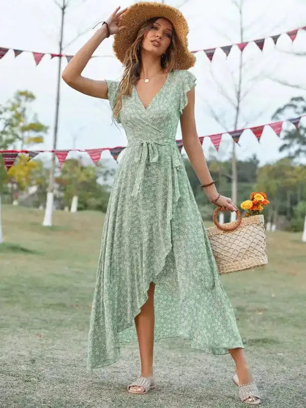 Women’s Floral Print Flutter Sleeve Wrap Maxi Dress