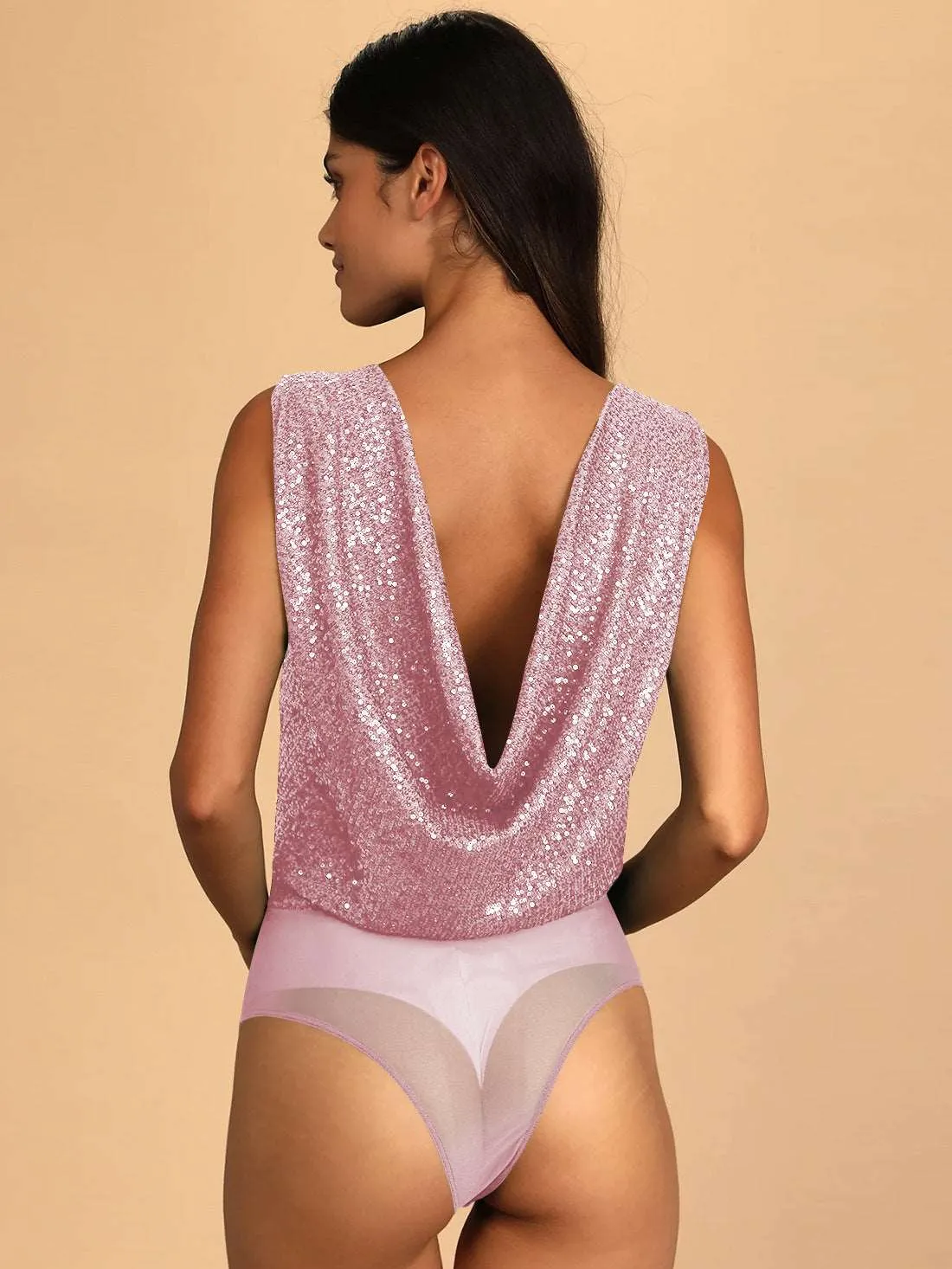 Women's Glitter Sequin Sleeveless Low Cut V-Neck Bodysuit