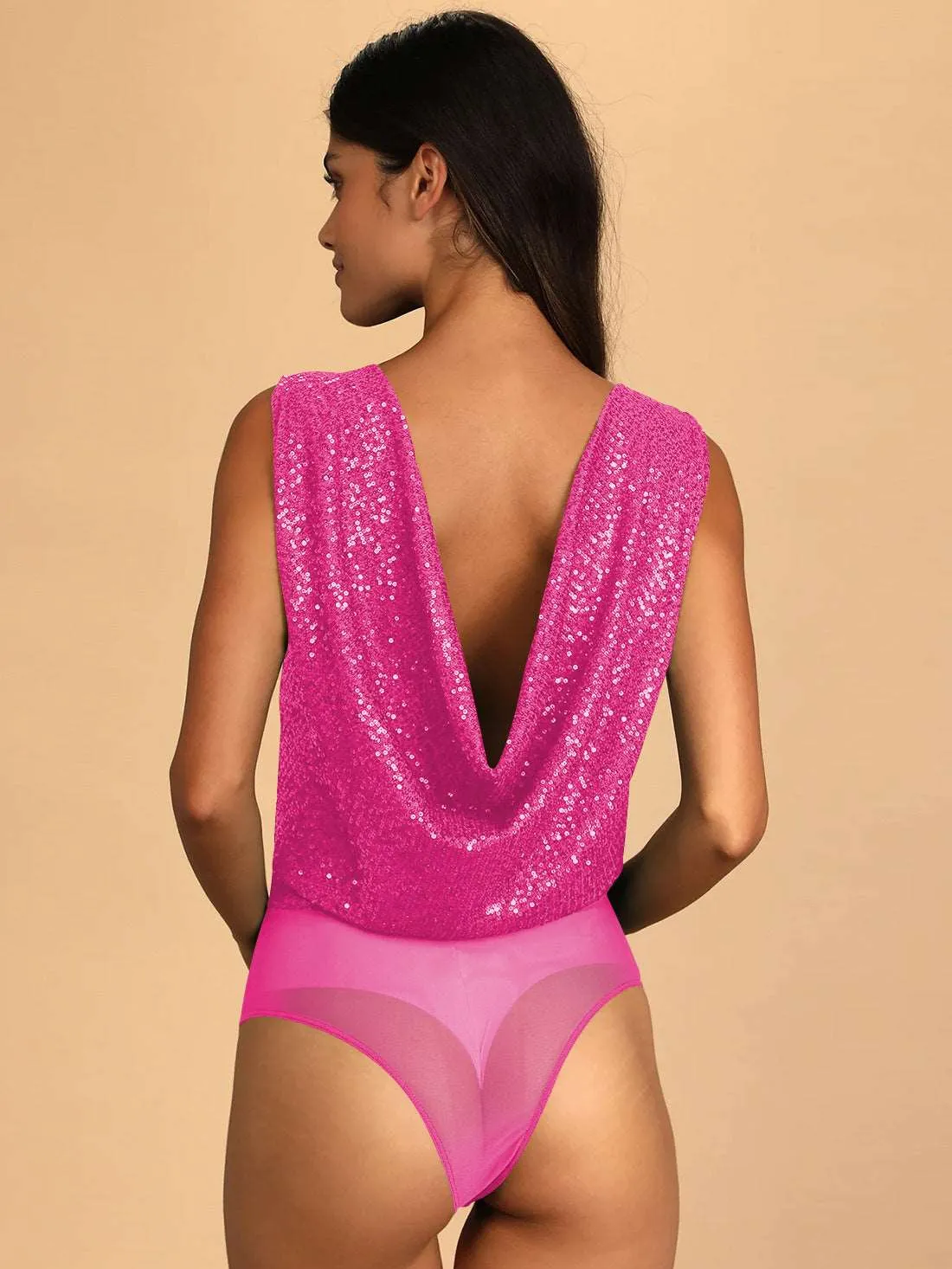 Women's Glitter Sequin Sleeveless Low Cut V-Neck Bodysuit
