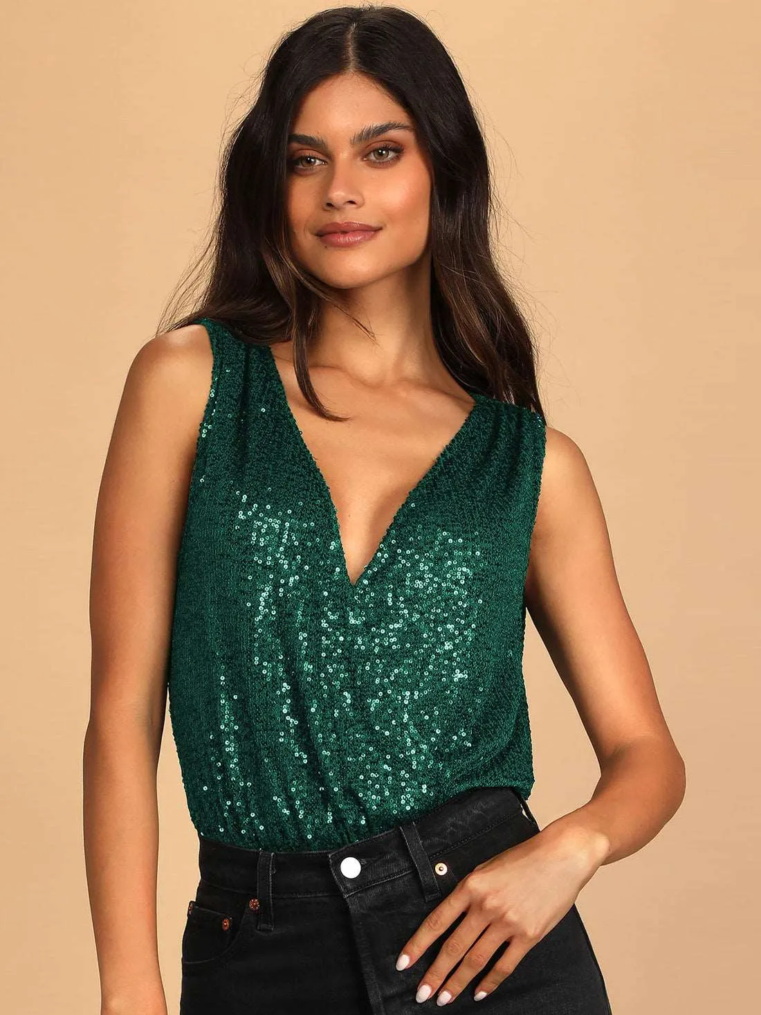 Women's Glitter Sequin Sleeveless Low Cut V-Neck Bodysuit