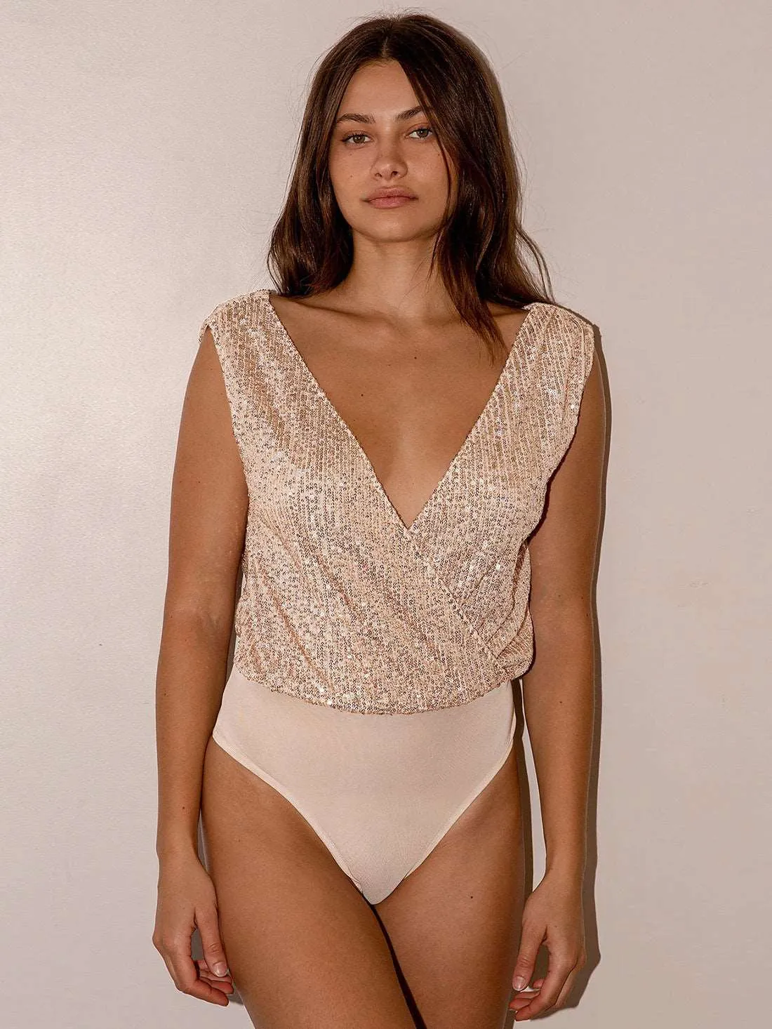 Women's Glitter Sequin Sleeveless Low Cut V-Neck Bodysuit