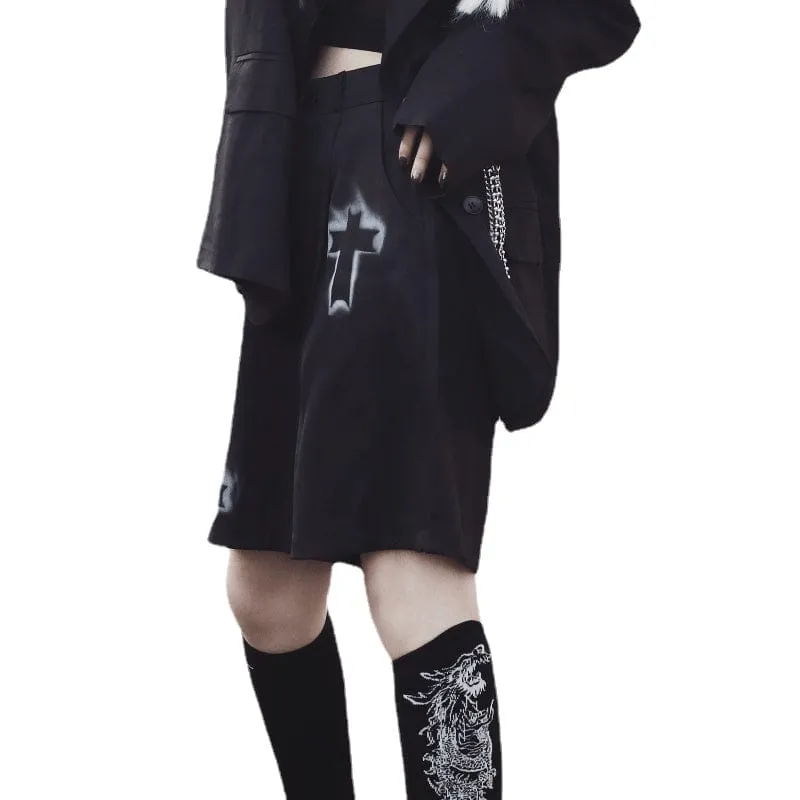 Women's Grunge Cross Printed Loose Black Shorts