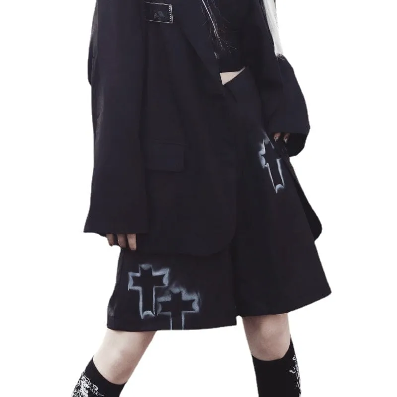Women's Grunge Cross Printed Loose Black Shorts
