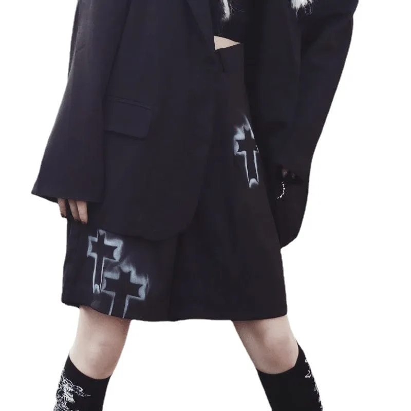 Women's Grunge Cross Printed Loose Black Shorts