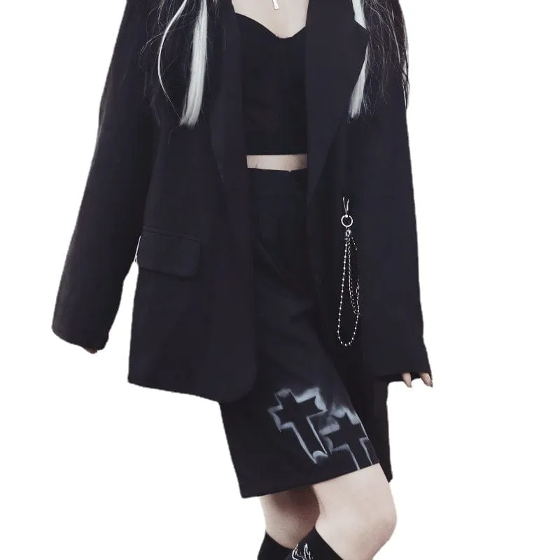 Women's Grunge Cross Printed Loose Black Shorts