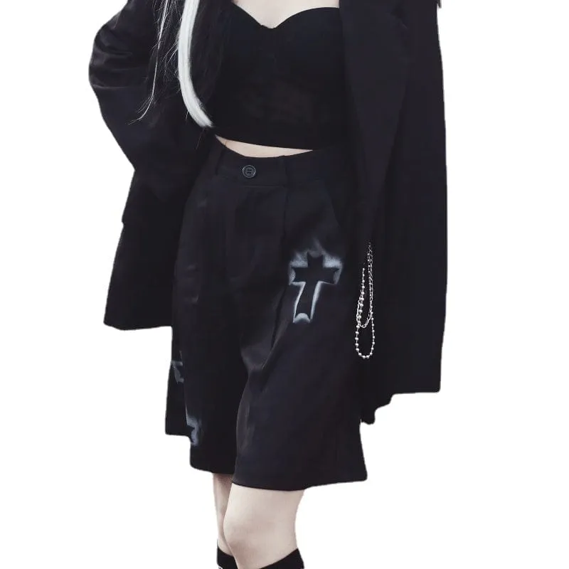 Women's Grunge Cross Printed Loose Black Shorts