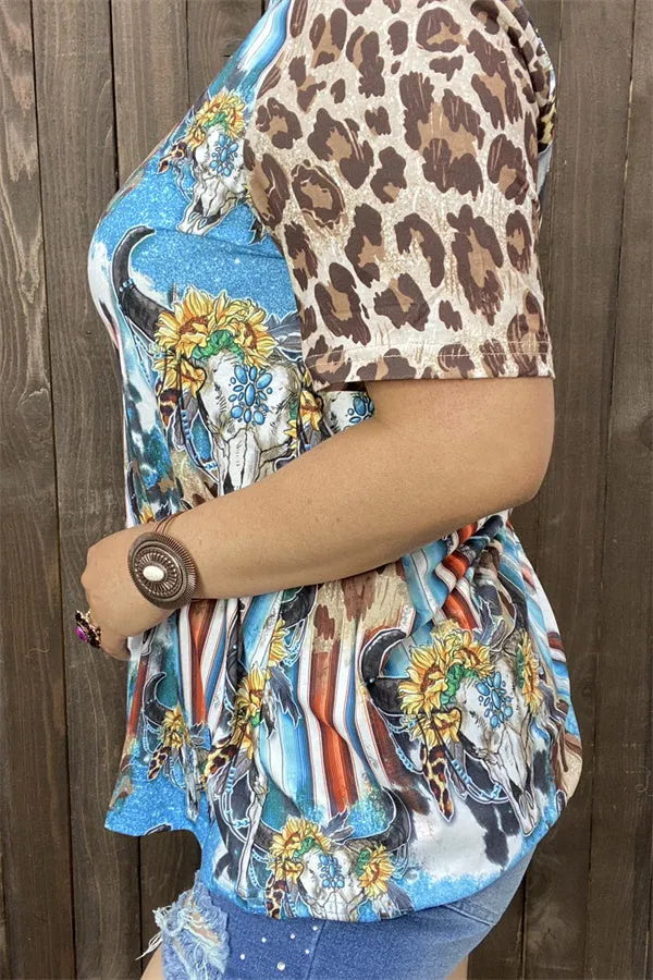 XCH12468 Bull skull & sunflower multi color printed leopard short sleeve women tops